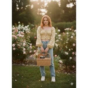 Yellow Plaid Smocked Crop Top Coquette Cottagecore Balloon Sleeve Blouse